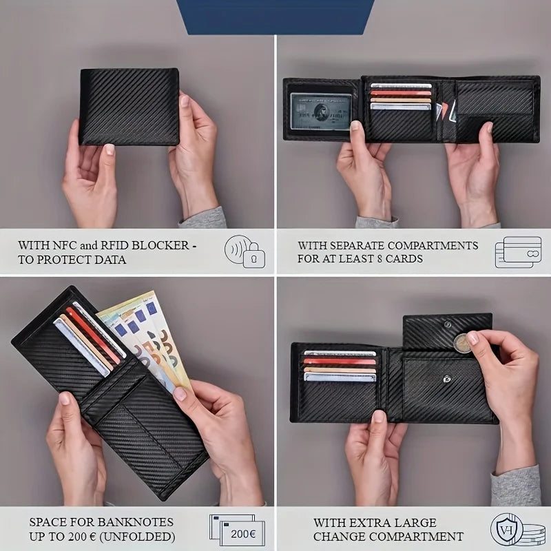 2025 Men's RFID Wallet with Coin Pocket – Slim Carbon Fiber Bifold Wallet for Security & Style